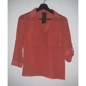 Moon Collection Womens Sheer Blouse S Orange Coral 3/4 Tab Sleeve Button Front